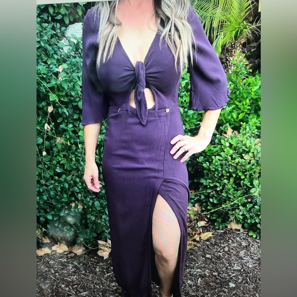 Free People Purple Crinkle Maxi Wrap Tie Front Dress